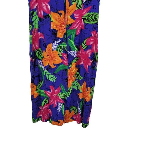 Vintage Blue Tropical Floral Sleeveless Mini Sheath Dress L Rayon USA Aloha Wear - Picture 9 of 10